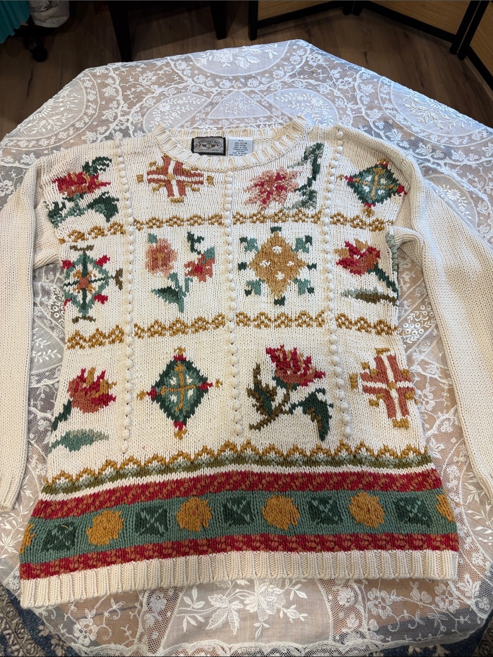 Vintage-Inspired Cream Floral Knit Sweater